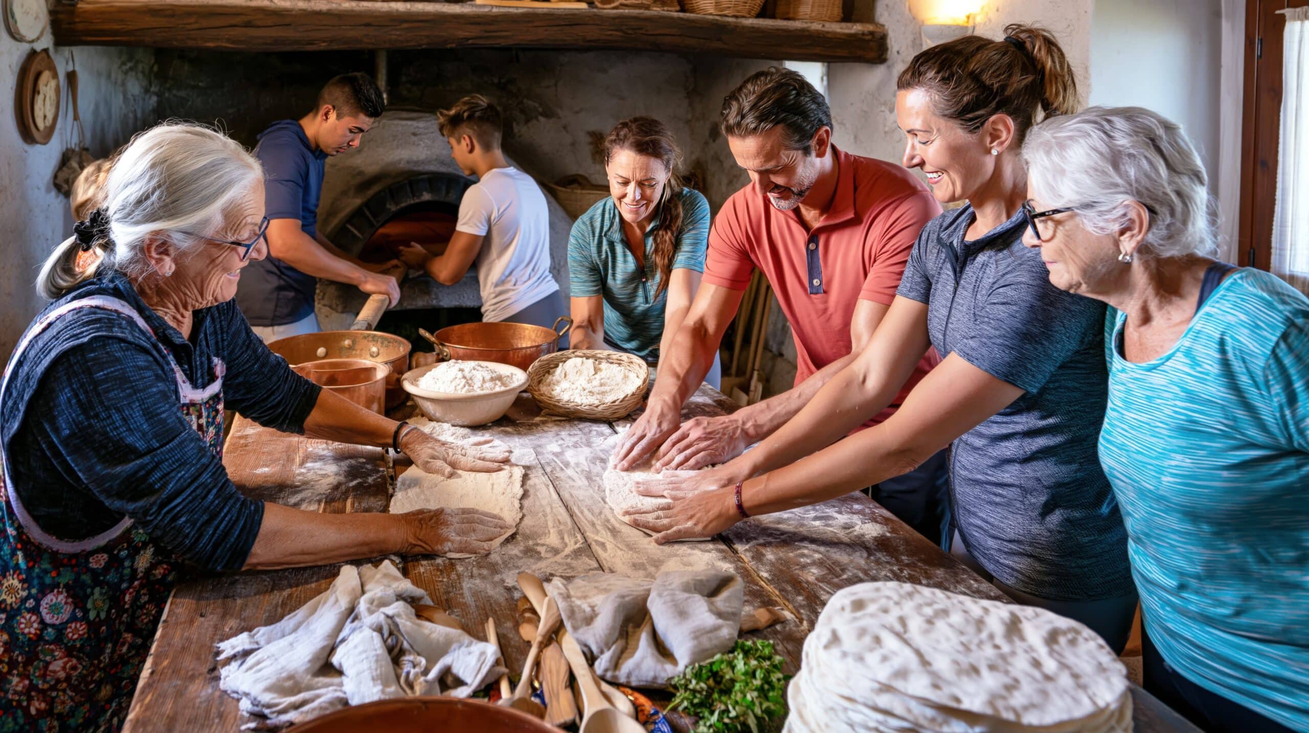 Classic Journeys guests kneading dough alongside a local woman in a traditional Sardinian kitchen with a wood-fired oven and flour-covered wooden table.