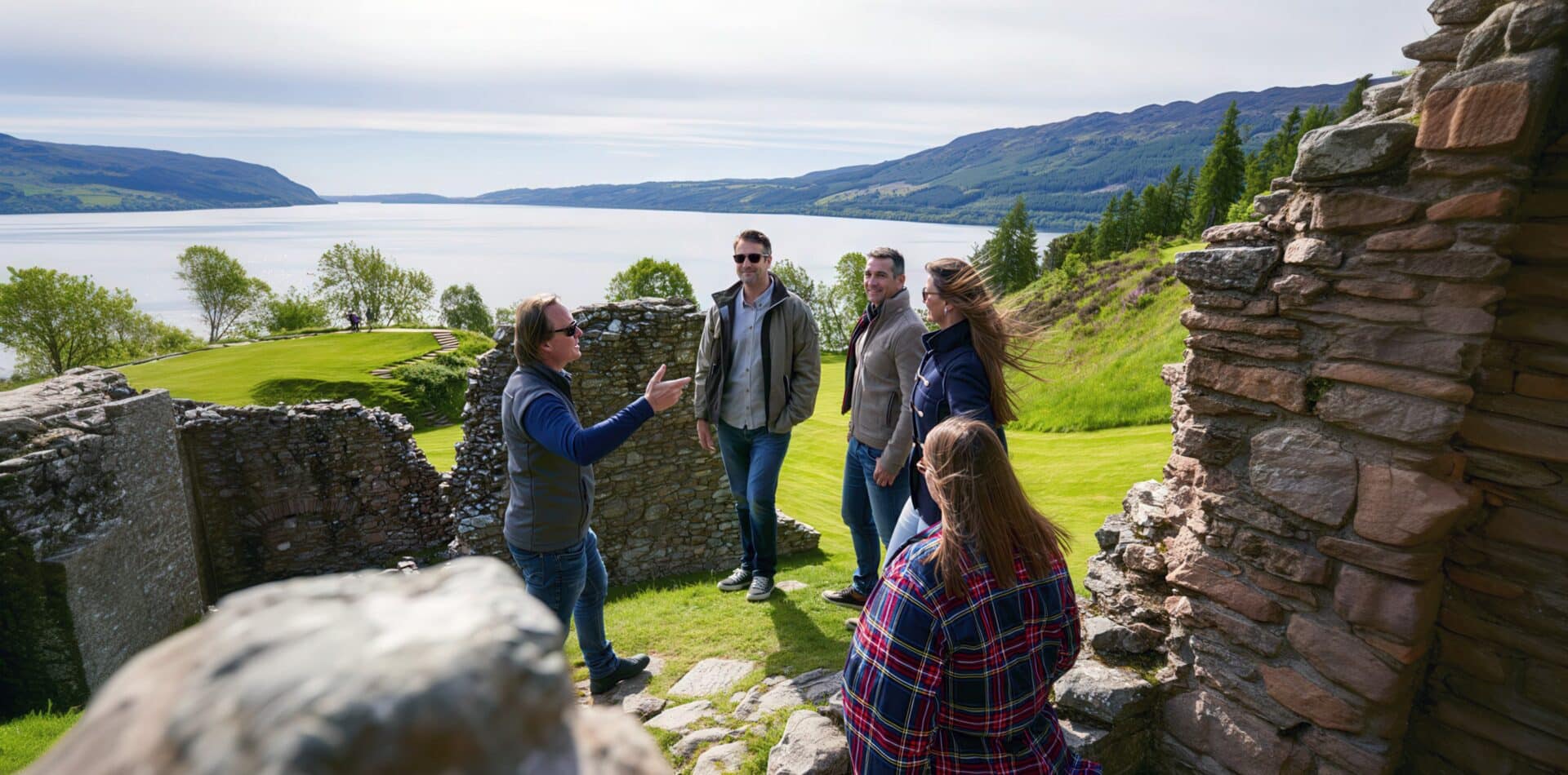 Classic Journeys guests explore the ruins of Urquhart Castle overlooking Loch Ness in Scotland with an expert local guide.