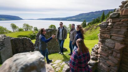 Classic Journeys guests explore the ruins of Urquhart Castle overlooking Loch Ness in Scotland with an expert local guide.