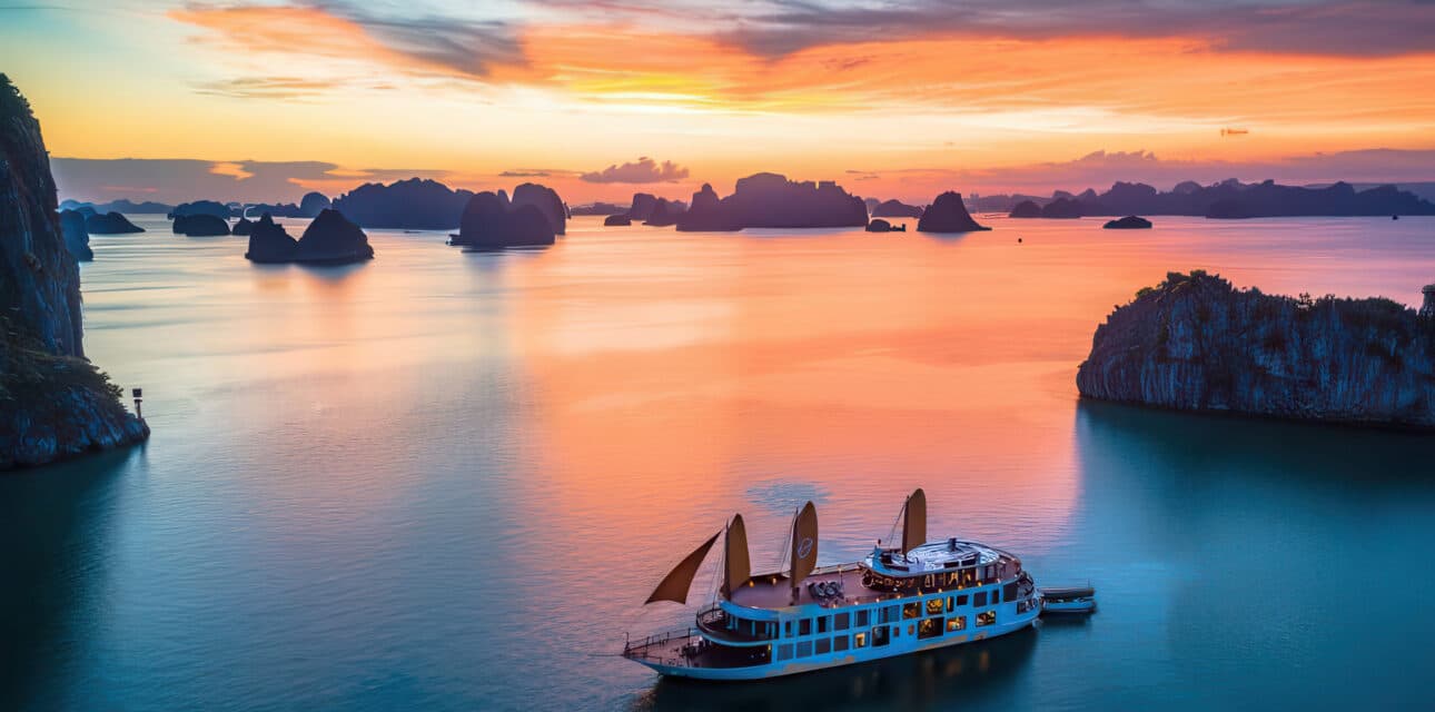 Luxury boat cruising through Halong Bay at sunset with limestone karsts silhouetted against colorful skies on a Classic Journeys tour of Vietnam