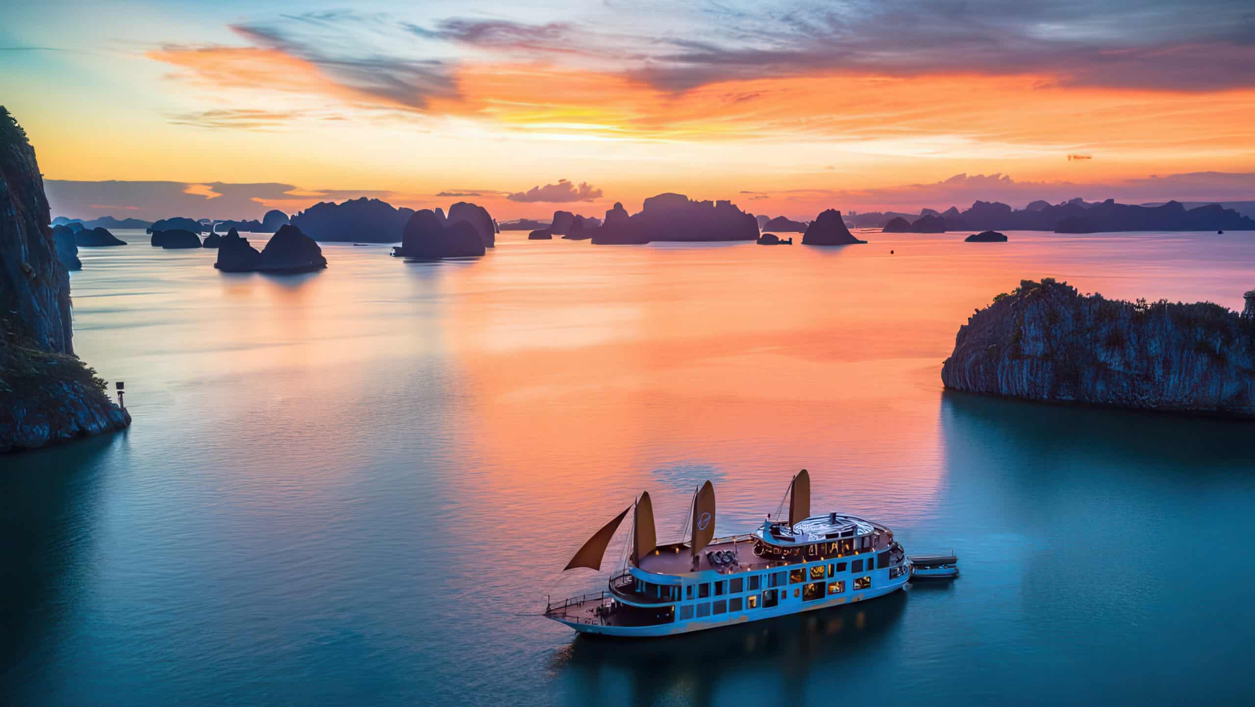 Luxury boat cruising through Halong Bay at sunset with limestone karsts silhouetted against colorful skies on a Classic Journeys tour of Vietnam