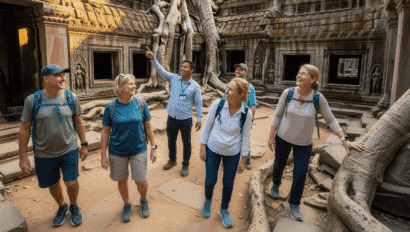 Classic Journeys guests exploring Ta Prohm temple in Cambodia with a local guide during a small group walking tour of Vietnam, Laos, and Cambodia
