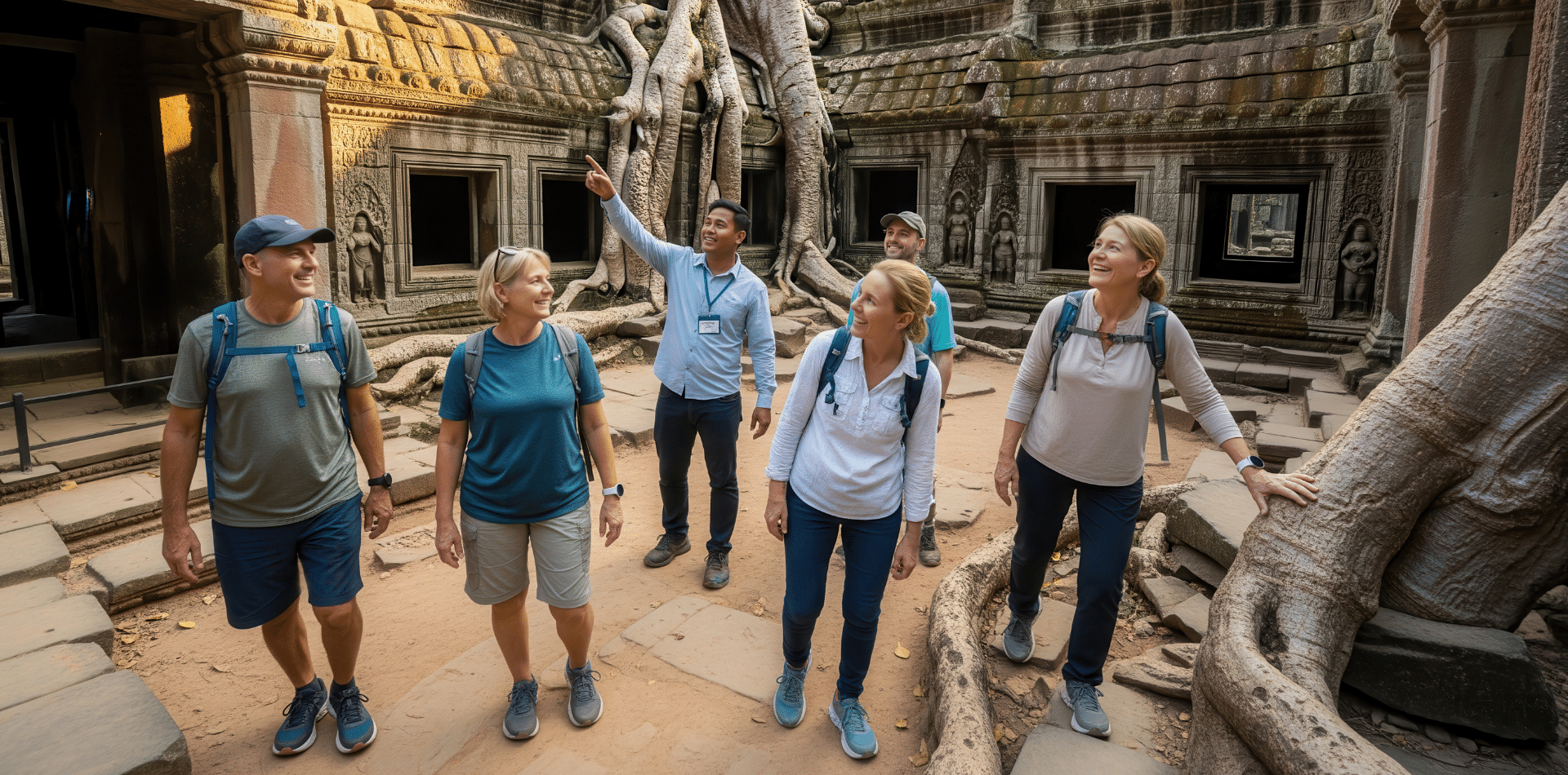 Classic Journeys guests exploring Ta Prohm temple in Cambodia with a local guide during a small group walking tour of Vietnam, Laos, and Cambodia