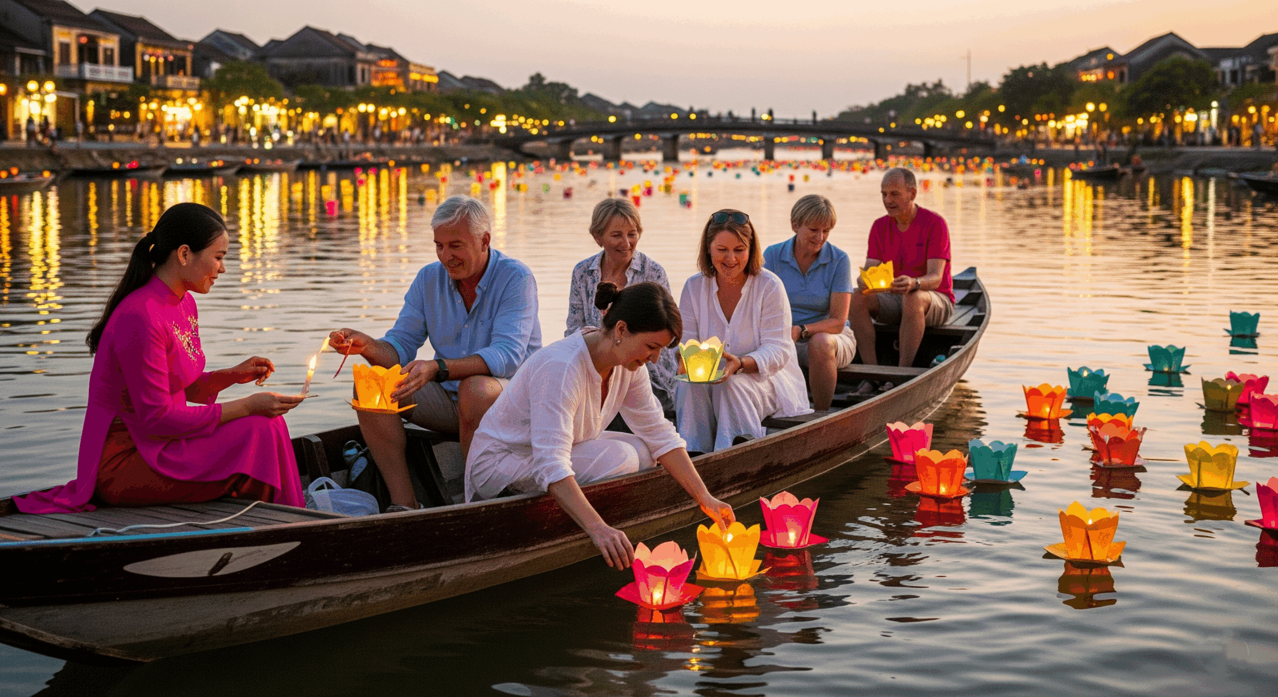 Guests and local guide in a traditional sampan on the Thu Bon River in Hoi An, releasing lanterns during the full moon ceremony.