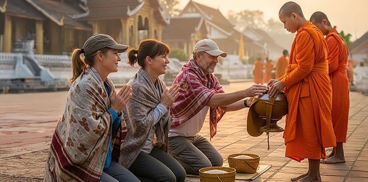 Classic Journeys guests participating in a traditional morning alms-giving ceremony with Buddhist monks in Luang Prabang, Laos