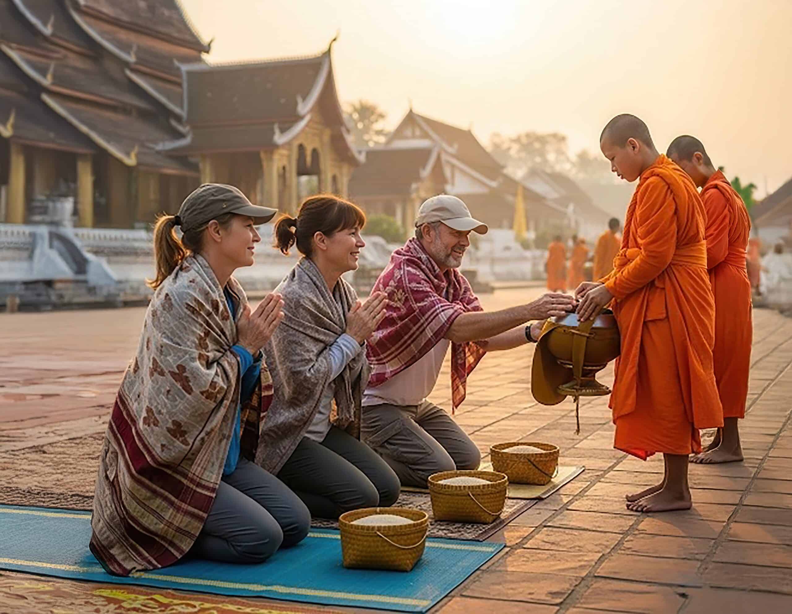 Classic Journeys guests participating in a traditional morning alms-giving ceremony with Buddhist monks in Luang Prabang, LaosClassic Journeys guests participating in a traditional morning alms-giving ceremony with Buddhist monks in Luang Prabang, Laos