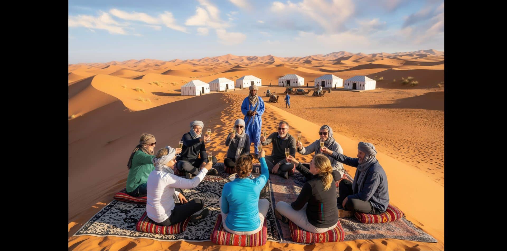 Enjoy an overnight stay in a luxury desert encampment after a sunset camel ride.
