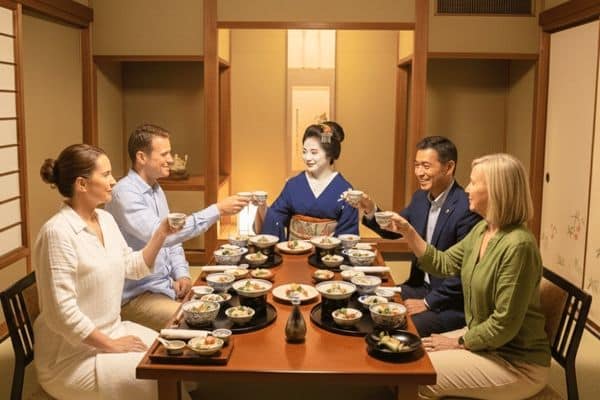Travelers enjoying a Japanese meal with a local host