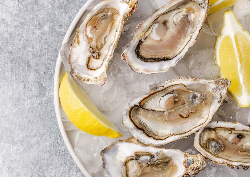 Aerial shot of oysters on plate with ice and lemons