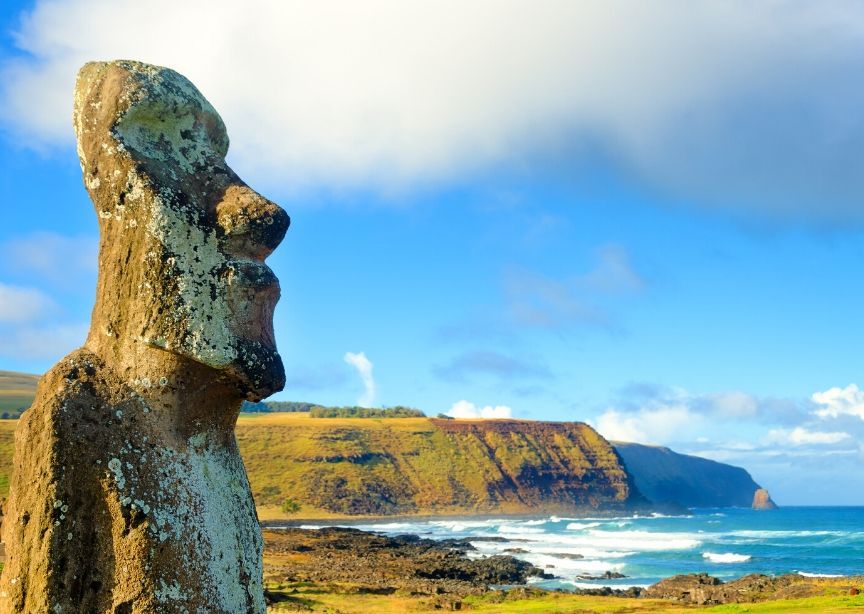 Chile Easter Island Moai Statue Close Blue Sky