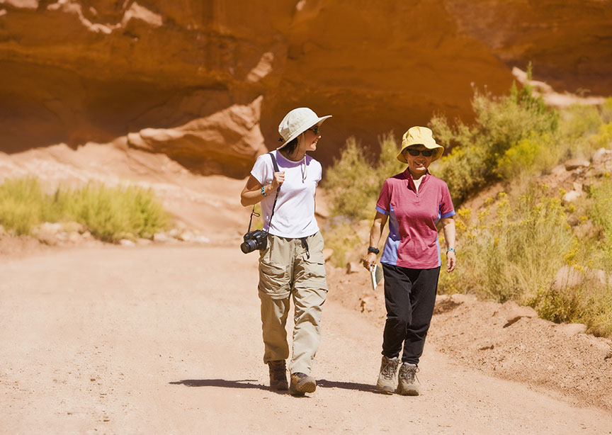 Two young travelers walking through national park