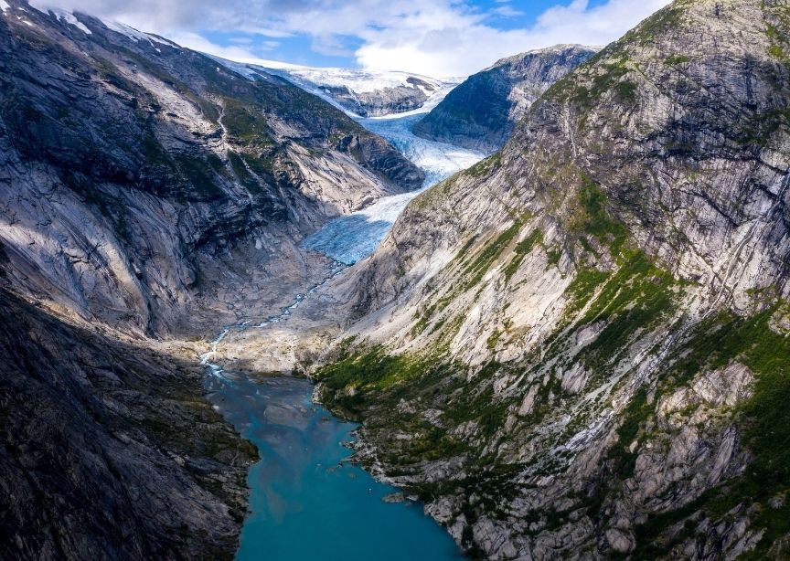 Norway Jostedalen Valley Glacier and Lake Aerial View
