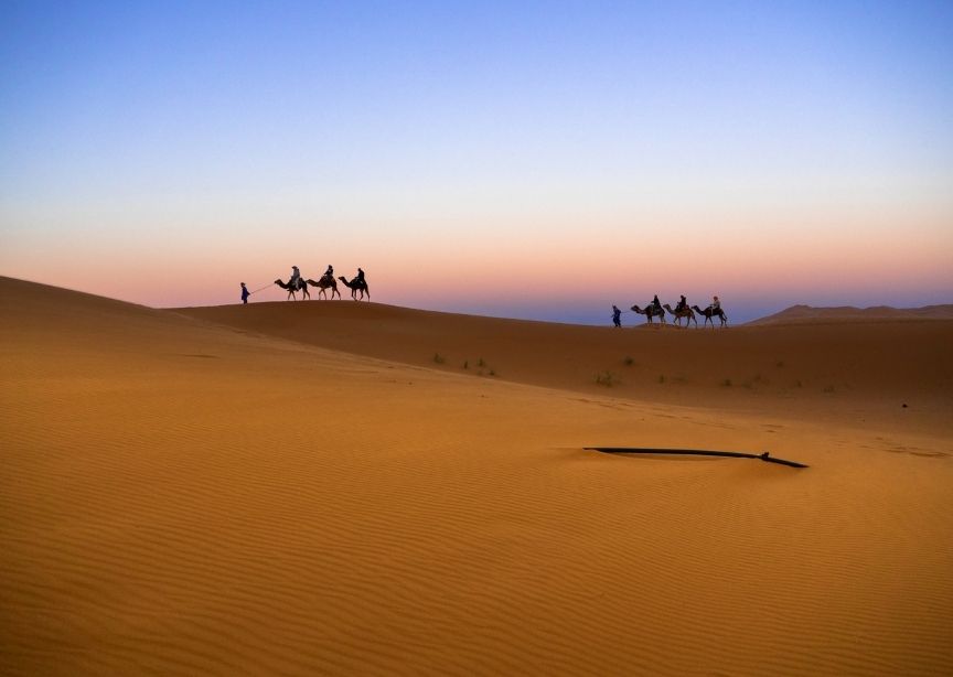 Morocco Erg Chebbi Desert Dunes Camel Train Sunset