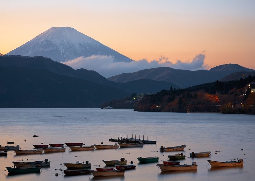Japan Mount Fuji From Water with Boats at Sunrise