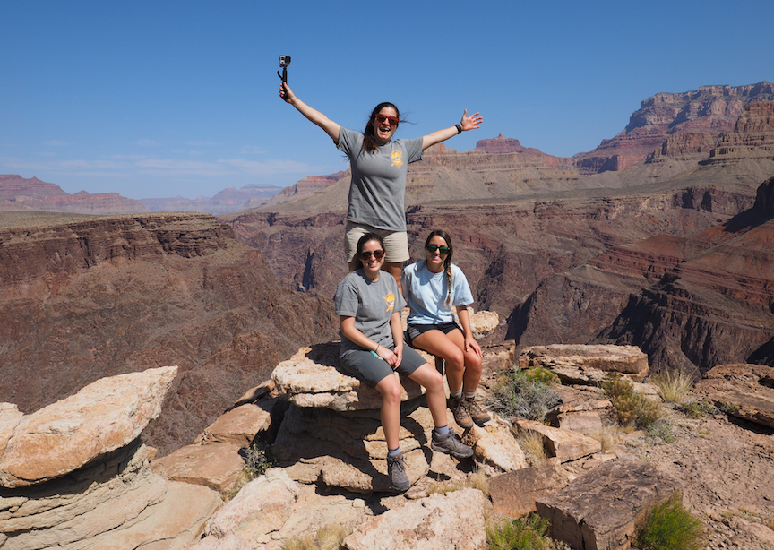 Grand Canyon National Park, Arizona Young female travelers on Tonto Trail.