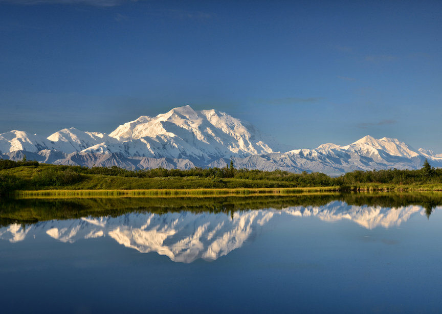 USA Alaska National Park Denali Mountain Snowcapped Peaks Reflected in Water