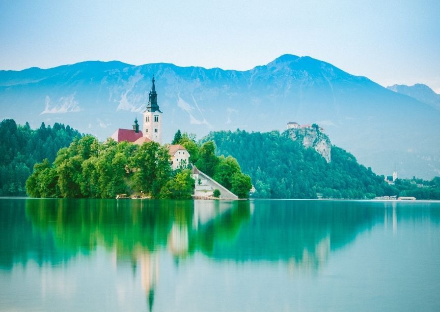 Europe Slovenia Bled Lake Island Sunny Day