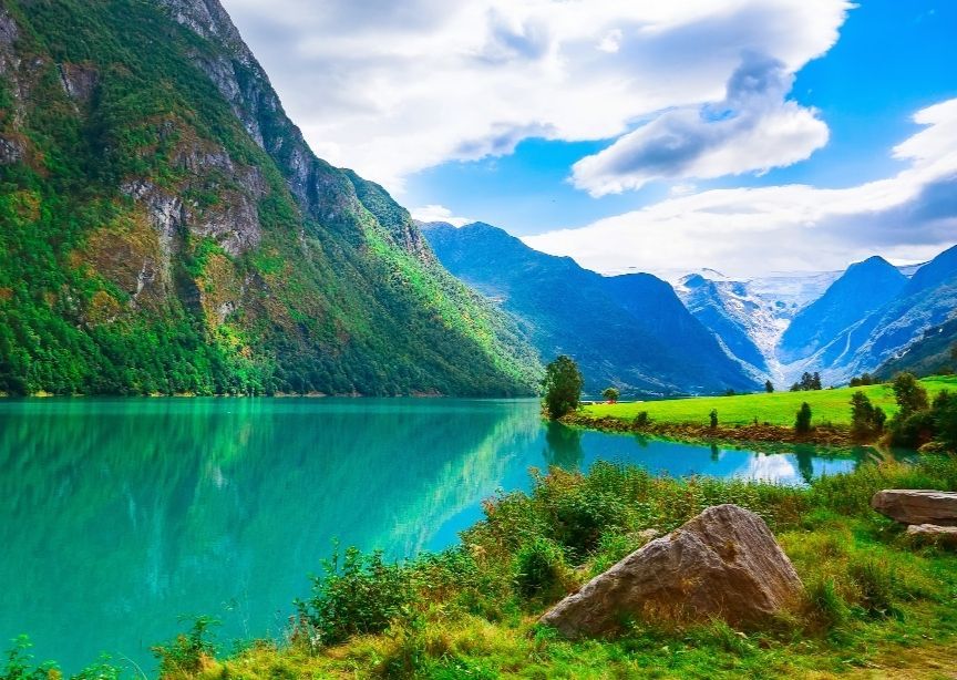 Europe Norway Scandinavia Nordfjord Mountains Water Green Landscape