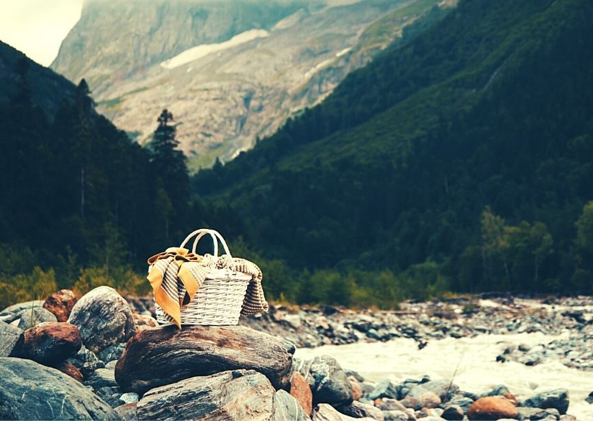 USA national park mountains forest sunshine picnic basket