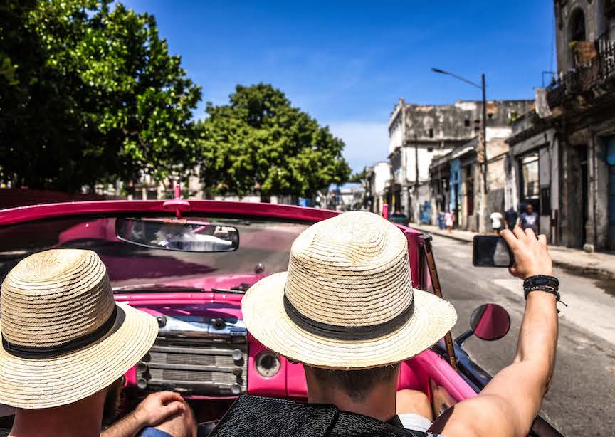 Havana Cuba Two Male Travelers In Vintage Car Taking Selfie