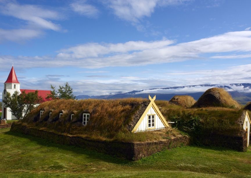 Iceland turf house traditional grass roof wooden house