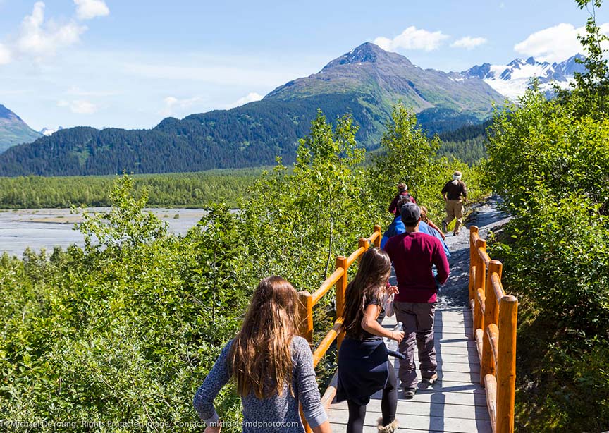 USA Alaska Kenai Peninsular family hike on wooden boardwalk