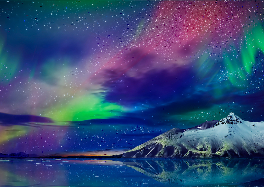 Alaska snow, northern lights, stars and mountains