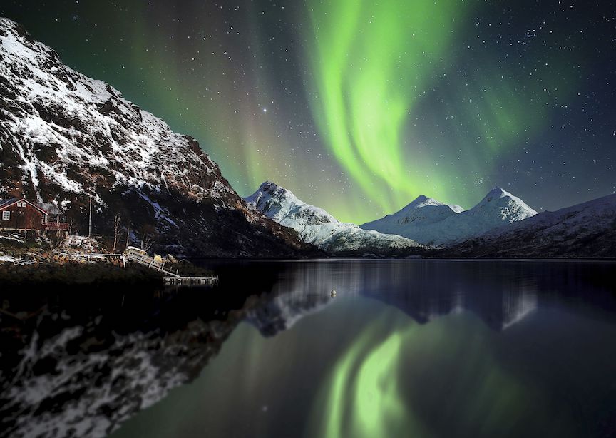 Norway Nordland Lake and Mountain Northern Lights Starry Night Sky